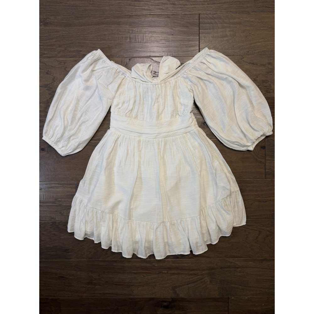 Saints + Secrets White Off Shoulder Puff Sleeve Bow Back Mini Dress Large